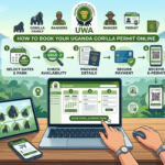 Infographic: steps to book Uganda gorilla permit online, from selecting dates to receiving e-permit on screen. (informative)