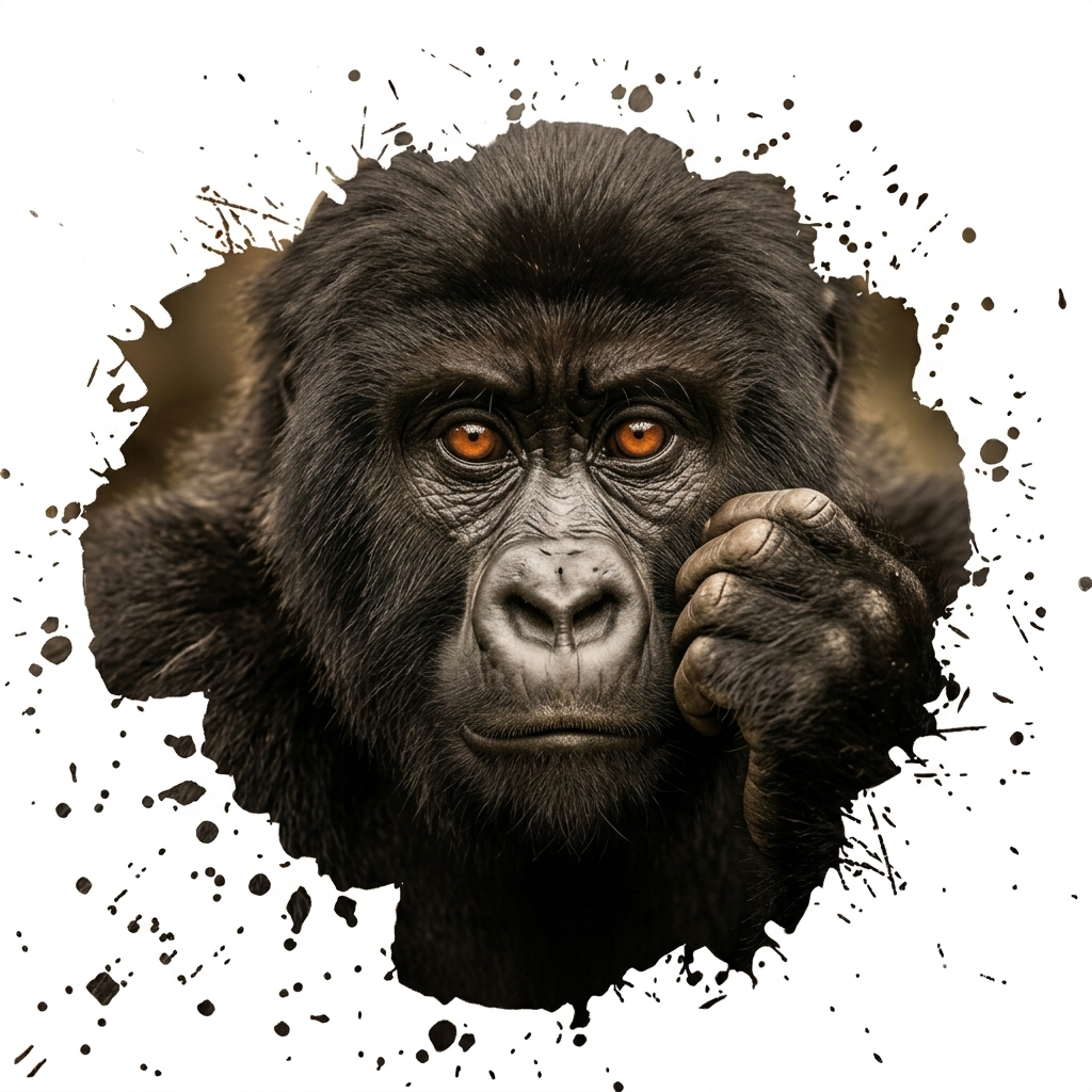 Close-up of a chimpanzee looking at the camera with a hand near its face, surrounded by ink-splatter border.
