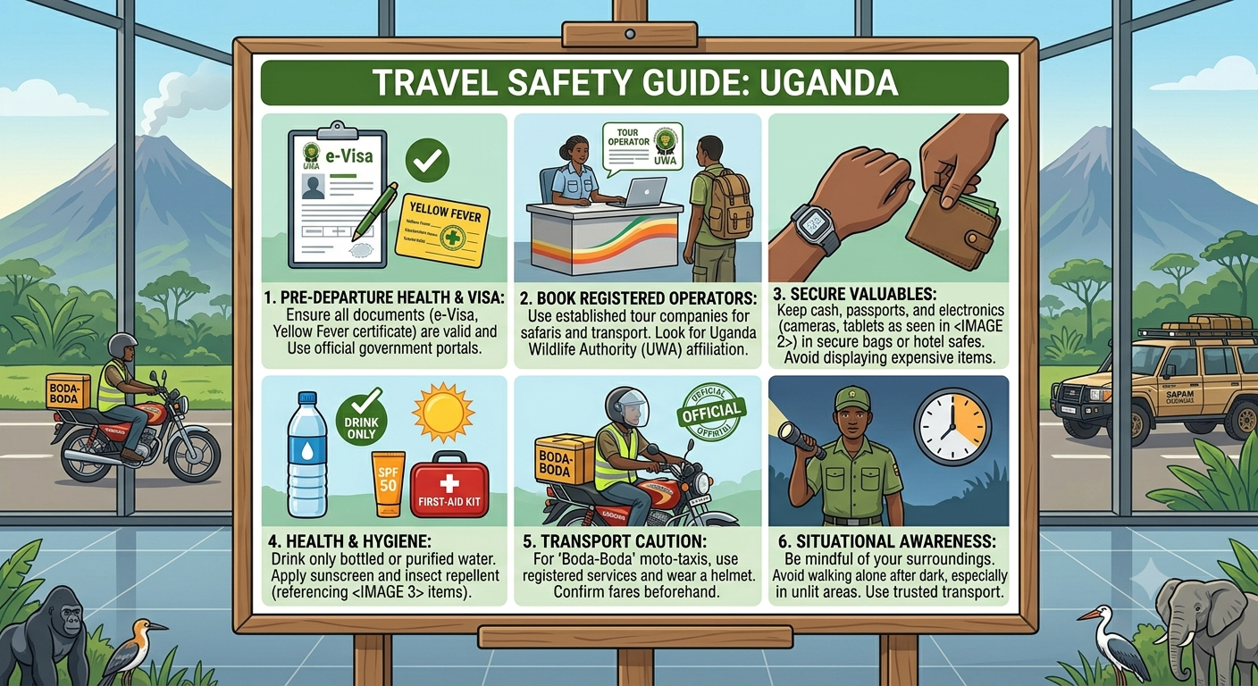 A large travel safety sign titled 'Travel Safety Guide: Uganda' with six illustrated panels showing visa and yellow fever cards, tour desk, securing valuables, drinking water and first aid, a motorcycle with a cargo box, and a security officer with a clock in a jungle setting behind.