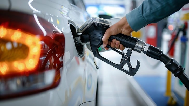 Close-up of a hand inserting a fuel nozzle into a white car's fuel door at a gas station to refuel.