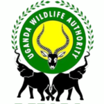 Uganda Wildlife Authority logo: green circular border with 'Uganda Wildlife Authority' text, yellow center featuring a horned antelope, flanked by two black silhouettes beneath.